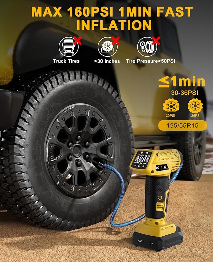 Tire Inflator Portable Air Compressor, 160PSI Large Full-Screen display Portable Air Pump with Digital Pressure Gauge, Rechargeable Battery Powered Portable Air Compressor with 12V DC Adapter
