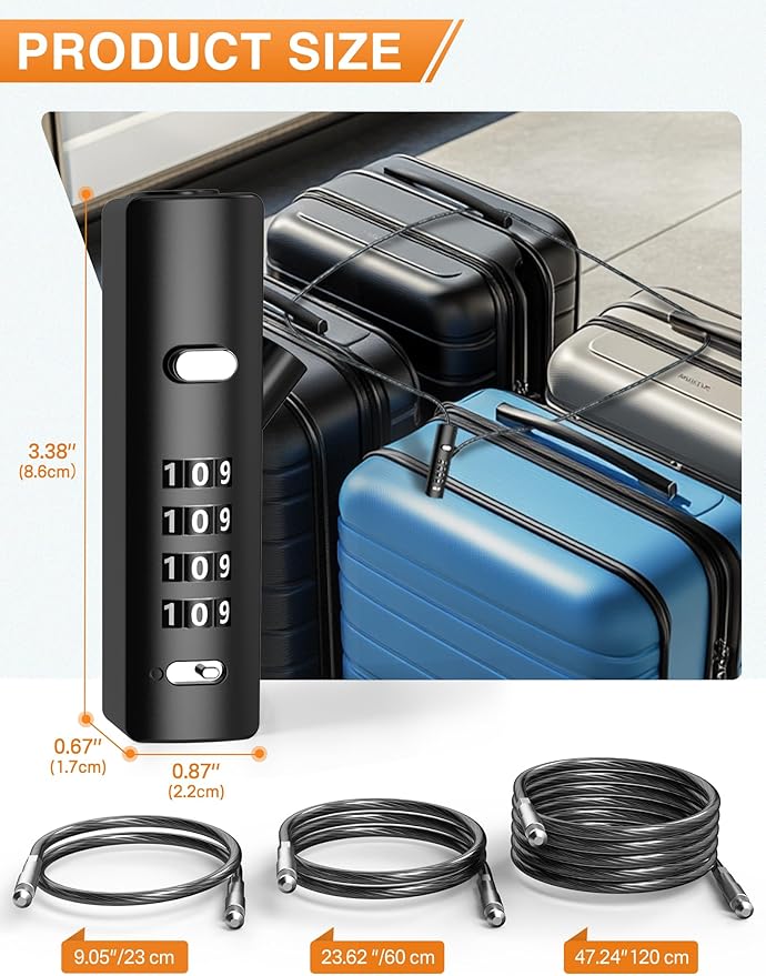 4-Digit Combination Cable Lock with 3 Steel Cables (9"/24"/47") - Secure Reset Only with Current Code - for Bike, Luggage, Gate, Shed, Cabinet - Black, 2 Pack