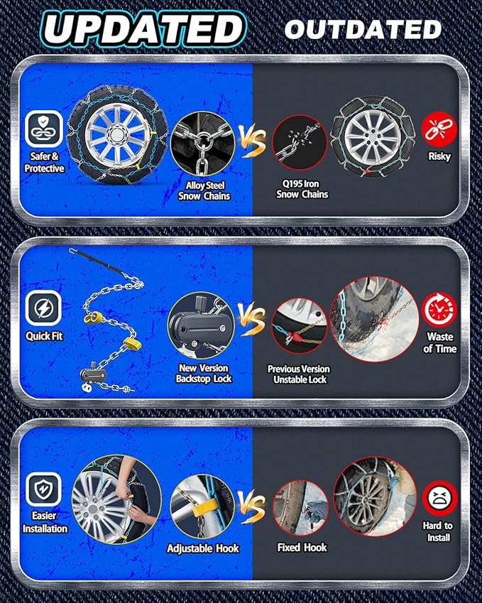 Snow-Chains Easy Install Tire-Chains, One-Pull Fit Heavy-Duty Tire Snow Chains for Pickup Trucks & SUVs Off-road, Emergency Tire Traction Car Tires 265 275 285 295 305 315 - Set of 2 (SCRV275)