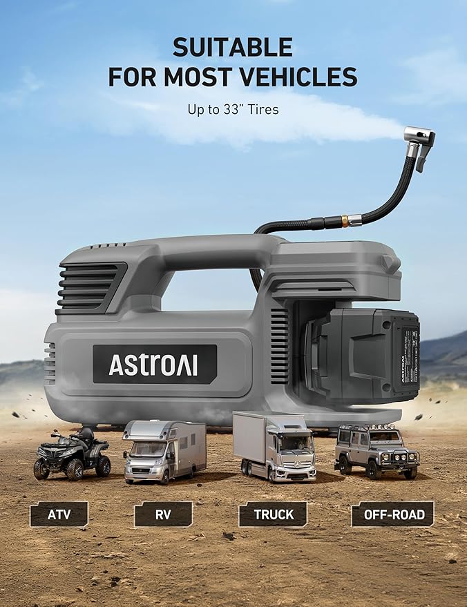 AstroAI TC4 Portable Air Compressor Tire Inflator, 470W 18V Cordless Air Pump for Truck Tires with 4000mAh Battery, 150PSI Heavy Duty Air Compressor with Digital Display for Car, RVs, SUV Gray
