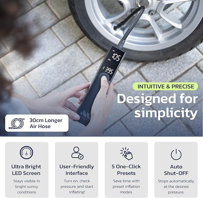 Woowind Premium Tire Inflator Portable Air Compressor, 2X Faster, 150PSI Air Pump For Car Tires, Tire Pump, with 12V DC Cord for Trucks & Off-Road Tires, Auto Shut-Off