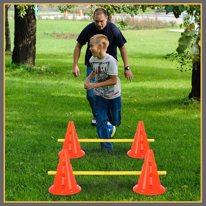 Dog Agility Hurdle Cone Set Dog Agility Course Backyard Set with Height Adjustable Include 12 Cones 6 Rods Training Equipment for Pet Obstacle Course Outdoor Games(Orange, Yellow)
