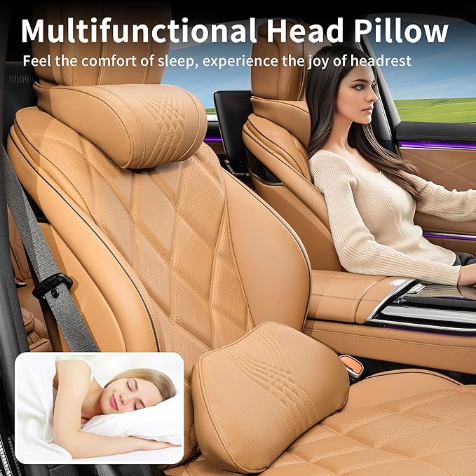 Lumbar Support Pillow for Car Seat, Office Chair Leather Memory Foam Lower Back Cushion for Back Pain Relief Improve Posture, Ergonomic Back Rest for Gaming Chair, Palomino, 1PC