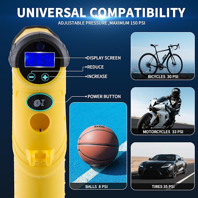 12V Cordless Tire Inflator with LCD Display, 150PSI High Pressure Air Compressor for Car Tires - Fast Charging 22mm Metal Cylinder Pump with Auto Stop, Digital Gauge, LED Light & Dual Power Options