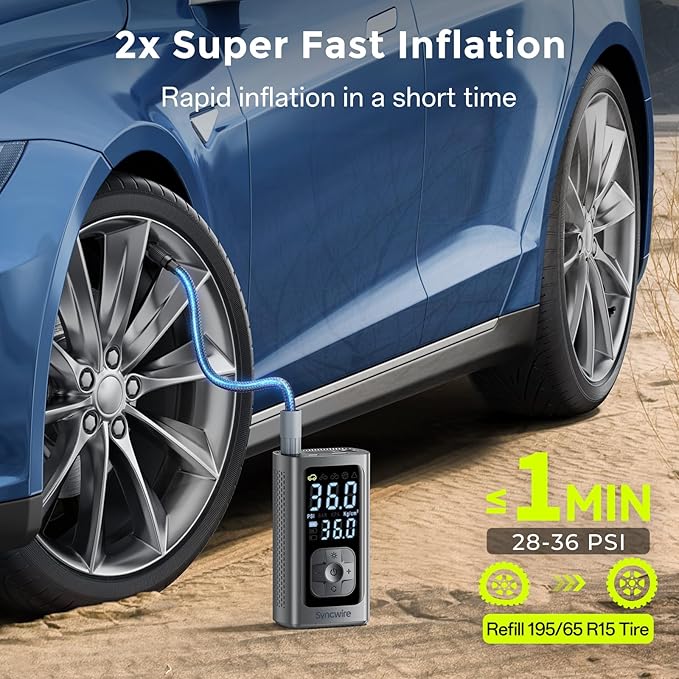 Syncwire Tire Inflator Portable Air Compressor - 150PSI 2X Faster Inflation Smart Air Pump for Car Tires [Extra-Large LCD] with Digital Pressure Gauge, Auto Shut-Off for Car, Motorcycle, Bike & Balls