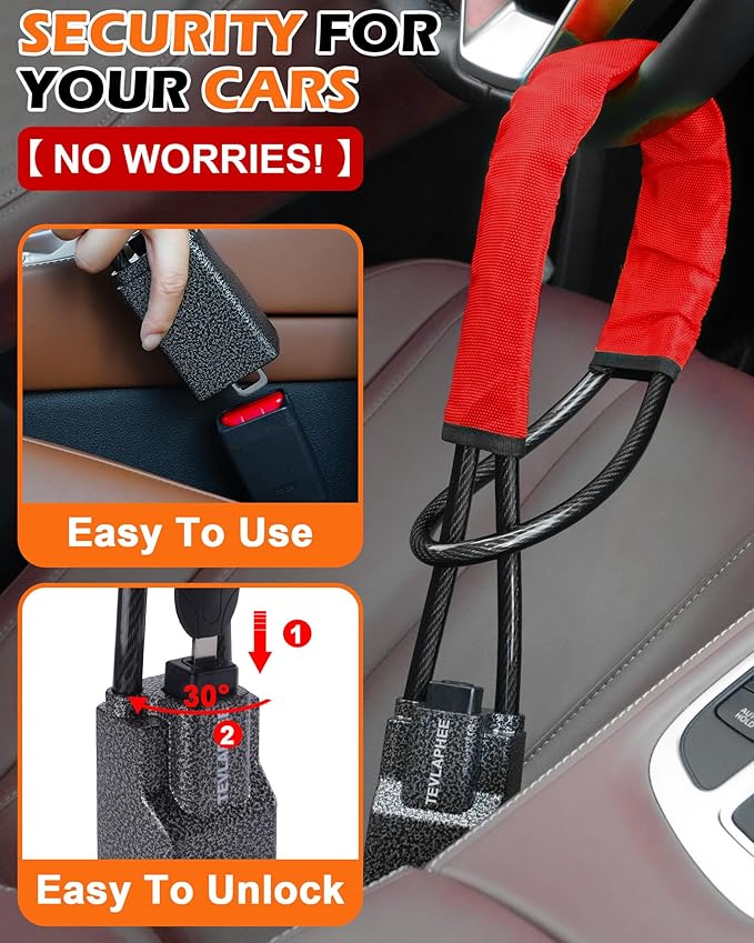 Tevlaphee Steering Wheel Lock Seat Belt Lock Universal Anti Theft Car Device Car Lock Car Theft Prevention with 3 Keys for Car Security Fit Most Vehicles Truck SUV Van (Red)