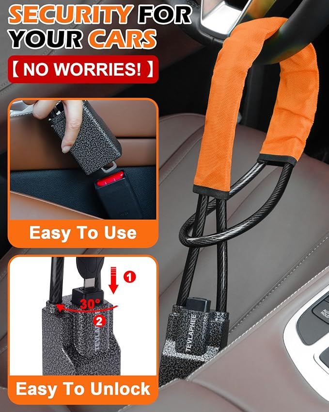 Tevlaphee Steering Wheel Lock Seat Belt Lock Universal Anti Theft Car Device Car Lock Car Theft Prevention with 3 Keys for Car Security Fit Most Vehicles Truck SUV Van (Orange)