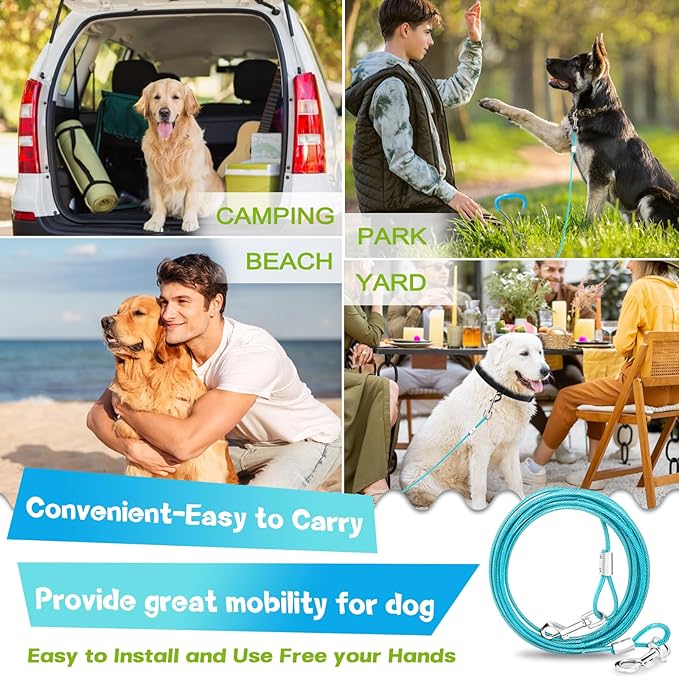 Supet Dog Tie Out Cable and Stake, Heavy Duty Runner with 32/16/10 FT Lead, Long Leash/Tether for Camping Backyard Outdoor Ground, Chain for Medium Large Dogs up to 125lbs (10FT)