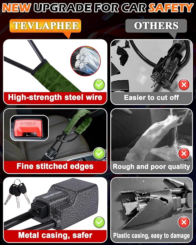 Tevlaphee Steering Wheel Lock Seat Belt Lock Universal Anti Theft Car Device Car Lock Car Theft Prevention with 3 Keys for Car Security Fit Most Vehicles Truck SUV Van (Green)