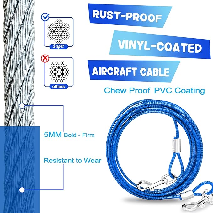 Supet Dog Tie Out Cable and Stake for Yard and Camping, Heavy Duty Stakes and Lead for Large Dogs up to 125lbs, Dog Scew and Tether for Outside (10FT)