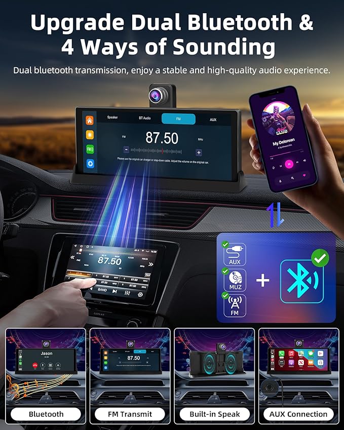 【350° Rotatable Lens】10.26''Wireless Apple CarPlay Screen for Car & 4K Dash Cam Portable Android Auto Car Stereo, Car Audio Receivers 1080P Backup Camera, Bluetooth/GPS Navigation/AirPlay/Googel/Siri
