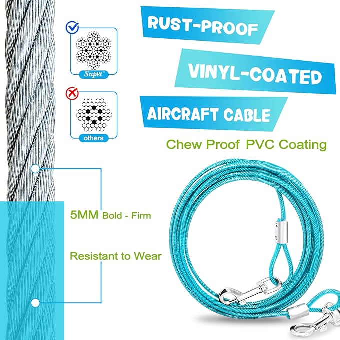 Supet Dog Tie Out Cable and Stake, Heavy Duty Runner with 32/16/10 FT Lead, Long Leash/Tether for Camping Backyard Outdoor Ground, Chain for Medium Large Dogs up to 125lbs (10FT)