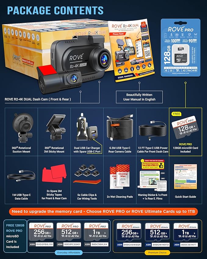 ROVE R2-4K DUAL Dash Cam Front and Rear, STARVIS 2 Sensor, FREE 128GB Card Included, 5G WiFi - up to 20MB/s Fastest Download Speed with App, 4K 2160P/FHD Dash Camera for Cars, 3" IPS, 24H Parking Mode