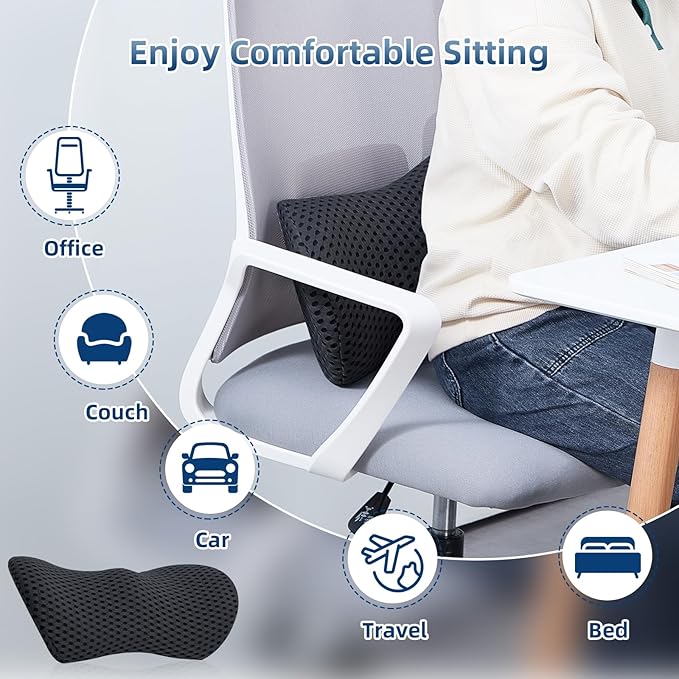 Lumbar Pillow, 2 Pack Memory Foam Lumbar Support Pillow for Office Chair and Car Seat, Ergonomic Streamline Back Pillow for Lower Back Pain Relief, Back Support Pillow for Sitting, Driving, Traveling