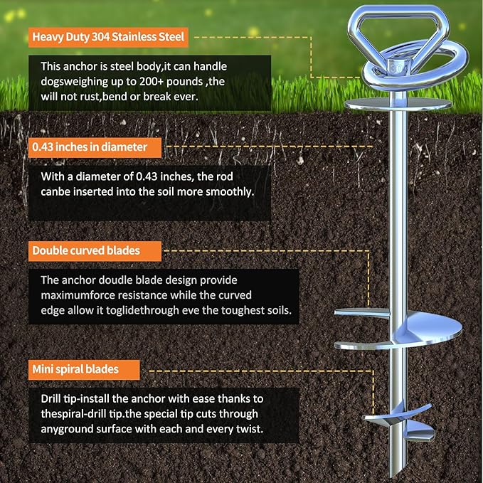 Dog Stake and 45ft Cable, 360 Swivel Runner for Yard, Anchors for Large Dogs up to 150 lbs, Heavy Duty Tie Out for Sand/Beach
