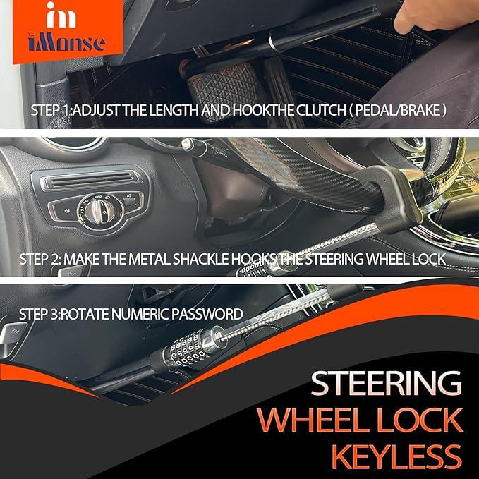 Steering Wheel Lock Anti-Theft Car Device, Steering Wheel Pedal Brake Password Lock, Steering Wheel to Pedal Within 17Inch to 33Inch Black