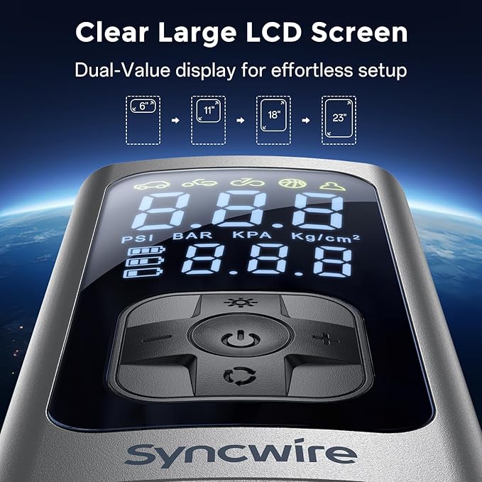 Syncwire Tire Inflator Portable Air Compressor - 150PSI 2X Faster Inflation Smart Air Pump for Car Tires [Extra-Large LCD] with Digital Pressure Gauge, Auto Shut-Off for Car, Motorcycle, Bike & Balls