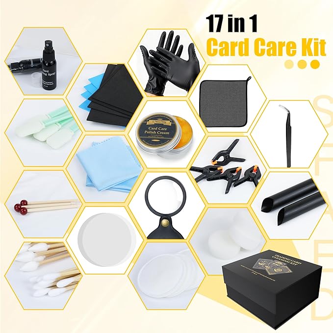 Card Care Clean Kit,17-in-1 Card Cleaning and Polishing Restoration Kit, Trading Card Cleaning Box with Cleaning Spray and Balck Nitrile Gloves, Suitable for Surface Card Care&Flatten Edges