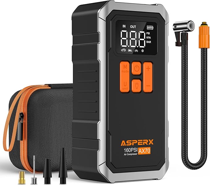 AsperX 160PSI Cordless Tire Inflator Air Compressor – Portable Rechargeable Air Pump with LCD Display, Auto Shut Off, LED Light & Carrying Case | Fast Inflation for Car Tires, Bike, Motorcycle, Balls