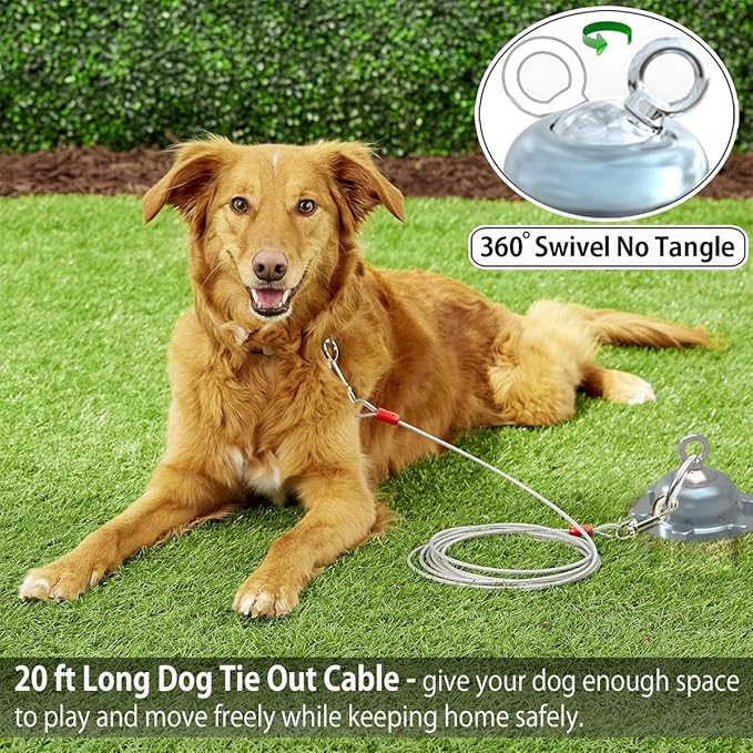 360° Swivel Dog Tie Out Cable and Stake - 50 Ft Dog Yard Leash and Stake Rust Proof for Small Medium Large Dogs - Petfect for Grass Yard Camping Outdoor
