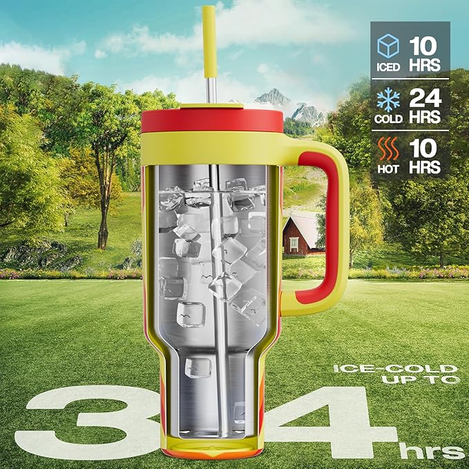 POWCAN 40 oz Tumbler with Handle, 2-in-1 Straw and Sip Lid, Leakproof, Dishwasher Safe, Insulated Stainless Steel Travel Coffee Mug, Keeps Cold for 34 Hours, Fits in Car Cup Holder (Fiery Love)