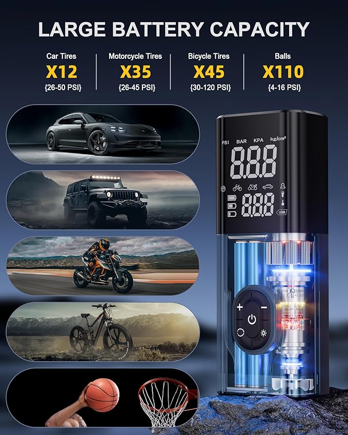 Tire Inflator Portable Air Compressor, CKWUE 180PSI Cordless Air Compressor, 6X Faster Air Pump with Digital Pressure Gauge, ire Air Pump with Dual Mode Inflation （Brown）