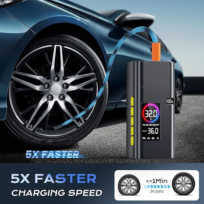 180PSI Tire Inflator Portable Air Compressor, Portable Tire Inflator for Car,5X Fast Electric Bike Air Pump with Digital LCD Pressure Gauge/LED Light/Power Bank, Bike, Motorcycle, Ball