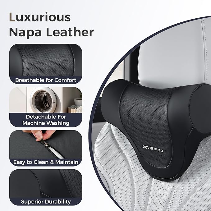 Coverado Car Headrest Pillow, Ergonomic Memory Foam Car Neck Pillow for Driving Seat with Adjustable Strap, Soft PU Leather Breathable Removable Cover Neck Support for Neck Pain Relief