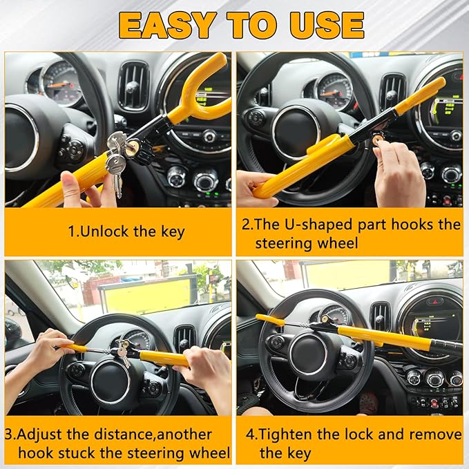 Steering Wheel Lock for Car Universal Anti-Theft Device Car Locks, Adjustable Length Double Hook Locks for Car SUV Pickup Truck Van