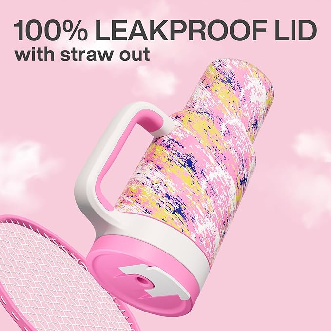 POWCAN 40 oz Tumbler with Handle, 2-in-1 Straw and Sip Lid, Leakproof, Dishwasher Safe, Insulated Stainless Steel Travel Coffee Mug, Keeps Cold for 34 Hours, Fits in Car Cup Holder (Pink Ladies)