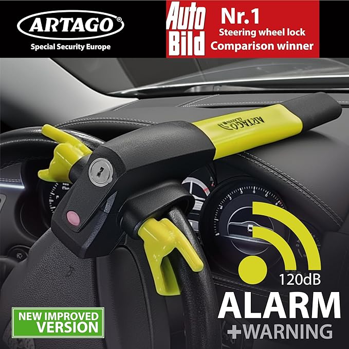 ARTAGO 870 High-End Steering Wheel Lock, 2in1 Without/With 120dB Alarm +Don't Touch +LED, More Secure & Deterrent Around a Spoke, Best Locking Bar, Universal Anti Theft Device for Car Truck Van Camper