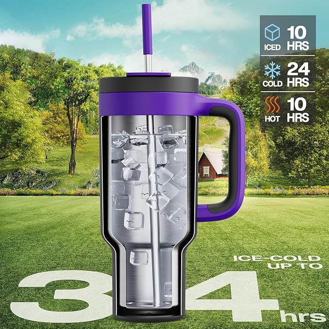 40 oz Tumbler with Handle, 2-in-1 Straw and Sip Lid, Leakproof, Dishwasher Safe, Insulated Stainless Steel Travel Coffee Mug, Keeps Cold for 34 Hours, Fits in Car Cup Holder (Iris)