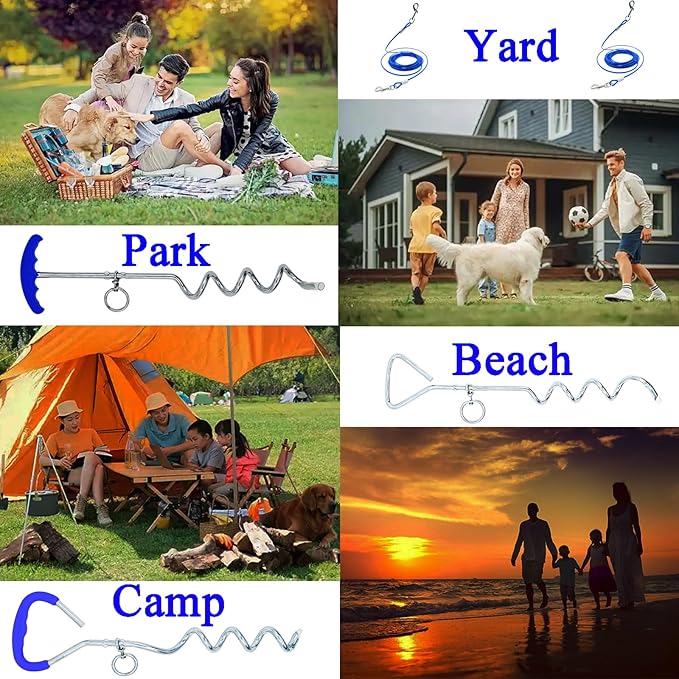 Dog Tie-Out Stake and Cable 30ft Heavy Duty Spiral Ground Stake Tethering Anchor Dog Leash Chain Rope Metal 360 Swivel Hook for Small Medium Large Dogs Outdoor (Simple Stake)