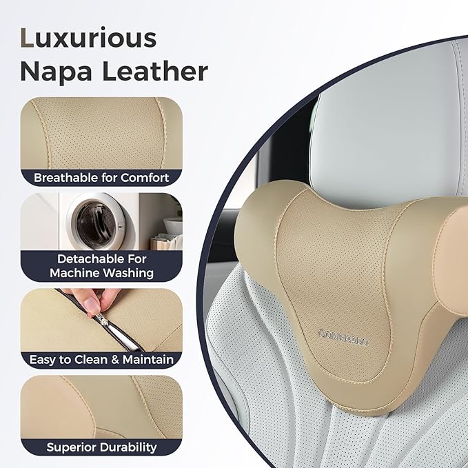 Coverado Car Headrest Pillow, Ergonomic Memory Foam Car Neck Pillow for Driving Seat with Adjustable Strap, Soft PU Leather Breathable Removable Cover Neck Support for Neck Pain Relief - Beige