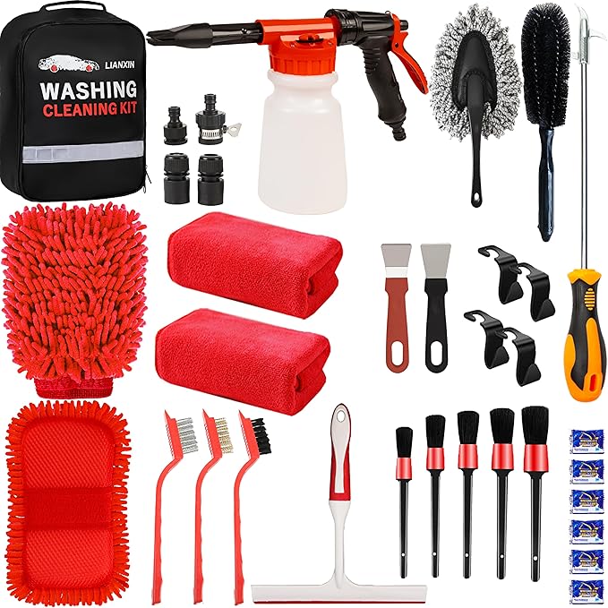 Car Wash Kit Car Wash Cleaning Kit with Car Wash Foam Gun Microfiber Sponge and Towels Tire Brush Built, Car Foam Gun, Car Cleaning Tool
