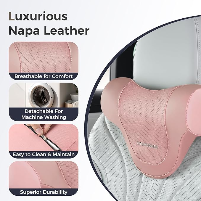 Coverado Car Headrest Pillow, Ergonomic Memory Foam Car Neck Pillow for Driving Seat with Adjustable Strap, Soft PU Leather Breathable Removable Cover Neck Support for Neck Pain Relief, Pink