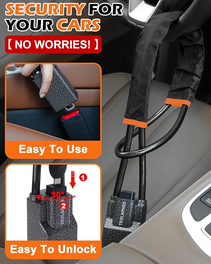 Tevlaphee Steering Wheel Lock Seat Belt Lock Universal Anti Theft Car Device Car Lock Car Theft Prevention with 3 Keys for Car Security Fit Most Vehicles Truck SUV Van (Black)