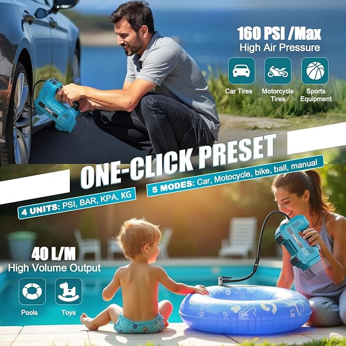 160PSI Cordless Tire Inflator Compatible with Makita 18V Air Compressor, Portable Air Pump Automatic Shut Off, LED Light, Digital Pressure Gauge for Cars Motorcycles Bike Ball(Bare Tool)