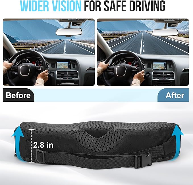 Car Seat Cushion for Driving – Ergonomic Wedge Memory Foam Booster Automotive Seat with Non-Slip Bottom & Adjustable Strap – Car Seat Pad for Car, Truck, Vehicle