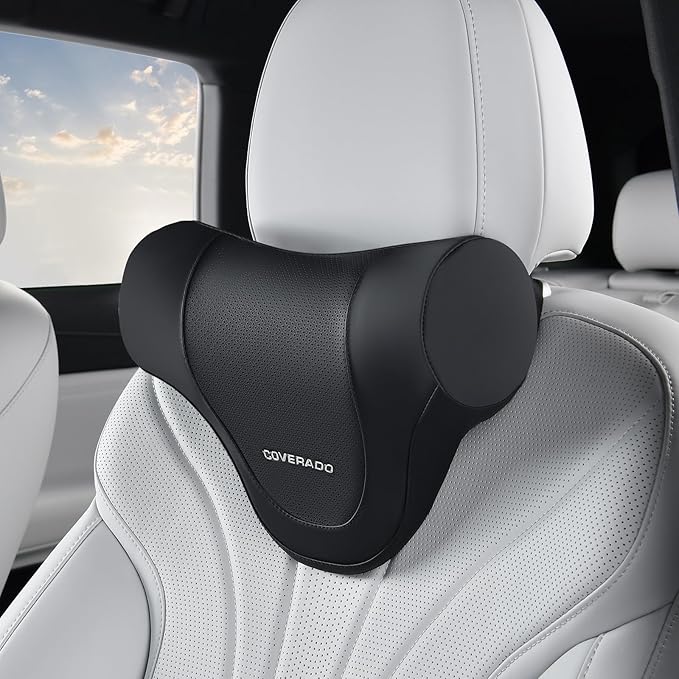 Coverado Car Headrest Pillow, Ergonomic Memory Foam Car Neck Pillow for Driving Seat with Adjustable Strap, Soft PU Leather Breathable Removable Cover Neck Support for Neck Pain Relief