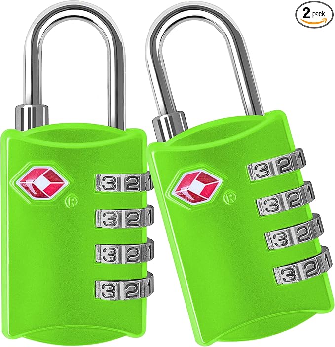 TSA Locks for Luggage, 2-Pc Durable Steel Padlock, Keyless Easy to Read 4-Digit Combination Lock for Backpacks, Travel Suitcases, Toolbox, Filing Cabinets, Baggage & Gym Locker, Green