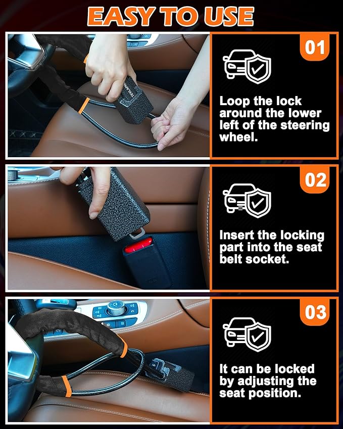 Tevlaphee Steering Wheel Lock Seat Belt Lock Universal Anti Theft Car Device Car Lock Car Theft Prevention with 3 Keys for Car Security Fit Most Vehicles Truck SUV Van (Black)