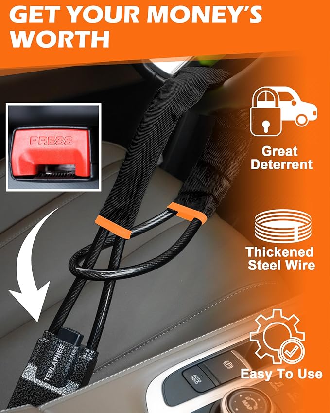 Tevlaphee Steering Wheel Lock Seat Belt Lock Universal Anti Theft Car Device Car Lock Car Theft Prevention with 3 Keys for Car Security Fit Most Vehicles Truck SUV Van (Black)