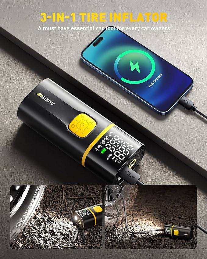 AUXITO A502 Tire Inflator Portable Air Compressor - 150PSI Dual Cylinder 7800 mAh & 12V DC, Bike Pump Air Pump for Car, Truck, Bike, Motorcycle with Digital Tire Pressure Gauge & LED Light