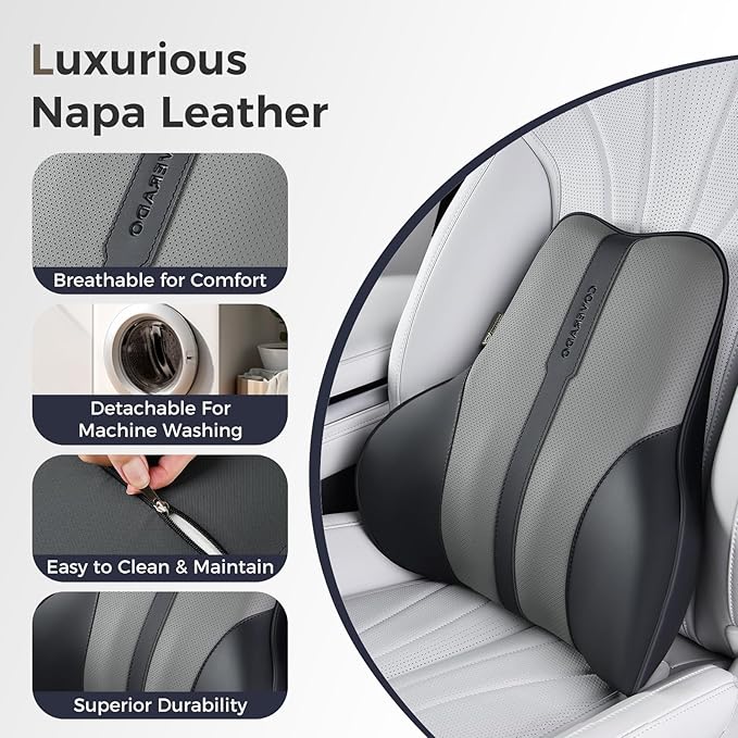 Coverado Lumbar Support Pillow for Car, Ergonomic Memory Foam Back Pillow for Office Chair, Back Cushion for Back Pain Relief, PU Leather Car Lumbar Support for Driving Seat - Black&Gray