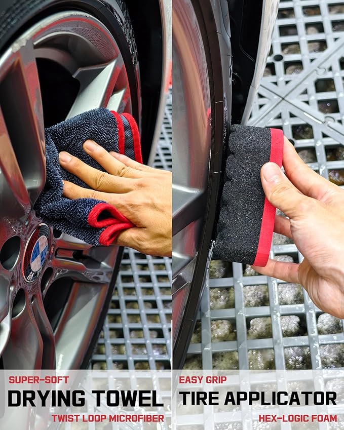 8PCS Wheel Cleaning Kit with Microfiber Brush & Rubber Grip Tire Brush, Twist Loop Drying Towel, Detailing Brush, Applicator for Car Rim and Tire Care
