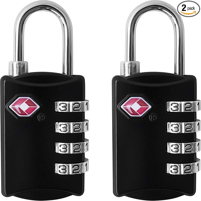 TSA Locks for Luggage, 2-Pc Durable Steel Padlock, Keyless Easy to Read 4-Digit Combination Lock for Backpacks, Travel Suitcases, Toolbox, Filing Cabinets, Baggage & Gym Locker, Black