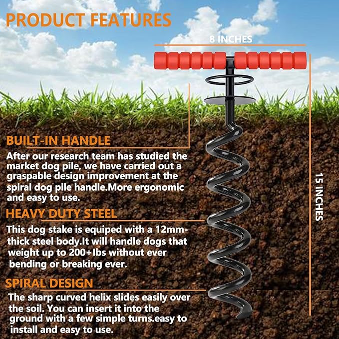 Heavy Duty 20FT Dog Tie Out Cable and Stake for Large Dogs, Dog Tie Out Stake and Cable Anchor for Dogs Up to 200 lbs,for Yard, Beach, Outdoor(Black)