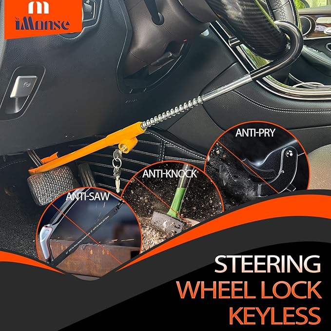 Steering Wheel Lock Anti-Theft Car Device, Steering Wheel Pedal Brake Lock Retractable Hook Car Security Products Universal Fit(Yellow)