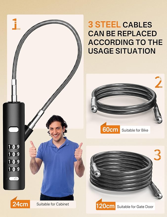 4-Digit Combination Cable Lock with 3 Steel Cables (9"/24"/47") - Secure Reset Only with Current Code - for Bike, Luggage, Gate, Shed, Cabinet - Black, 1 Pack